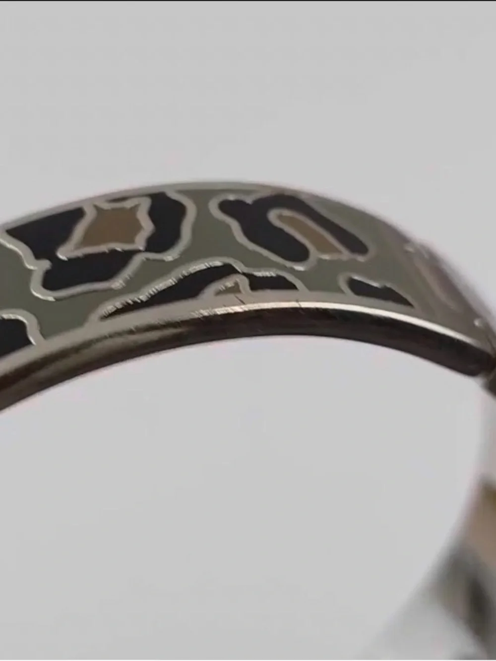 Coach Leopard Print Hinged Bangle Bracelet Silver Tone Black Grey Enamel Logo